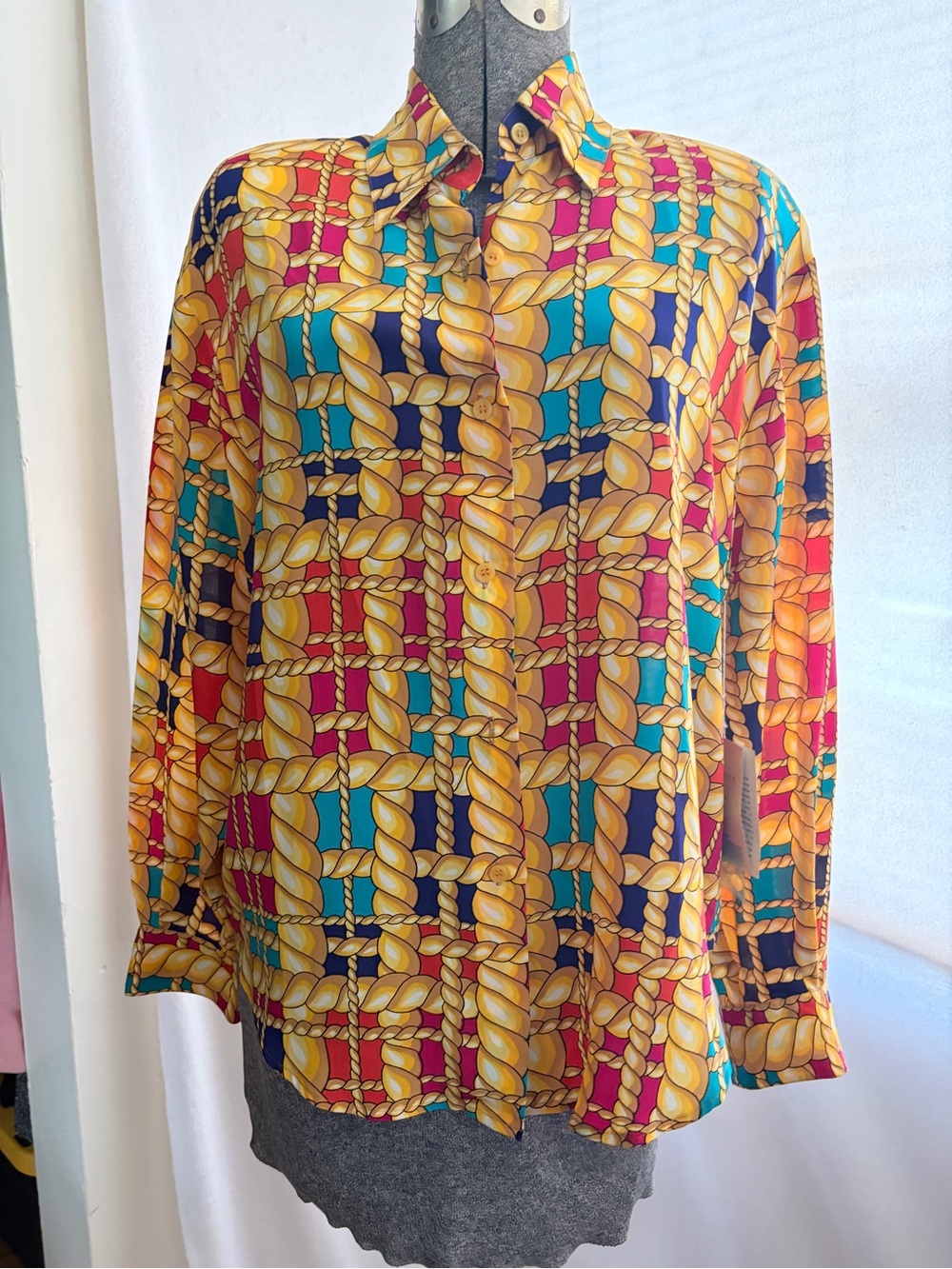 Vtg NWT 80s 90s Spenser Jeremy 100% silk rope chain scarf print blouse
